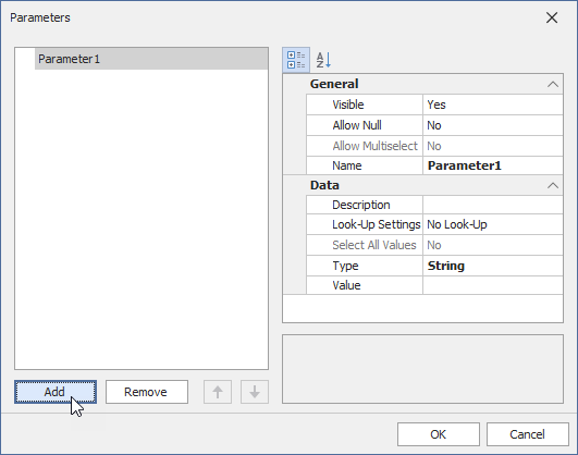 Dashboard Parameters Dialog - Add Parameters