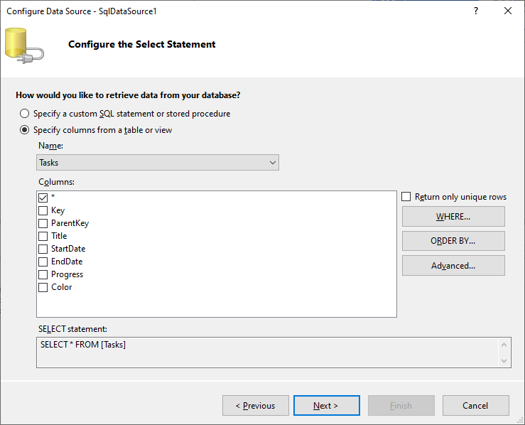 Gantt - Bind to Data - Select Tables