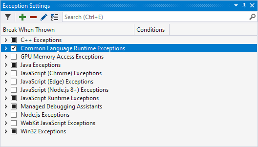Exception Settings - Common Language Runtime Exceptions