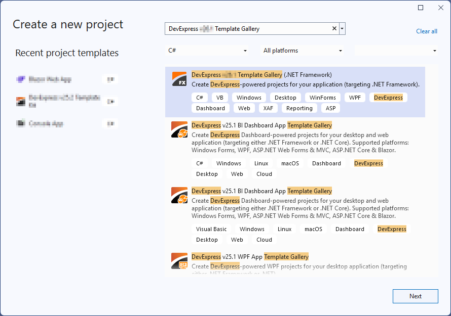 Project Templates: Create New Project