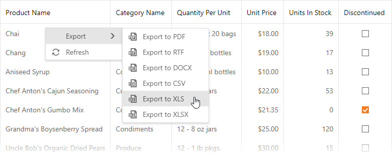 ASPxGridView Export - Context Menu