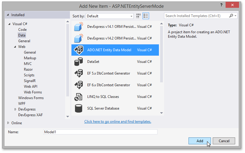 ASP.NET Server Mode - Add Entity Model