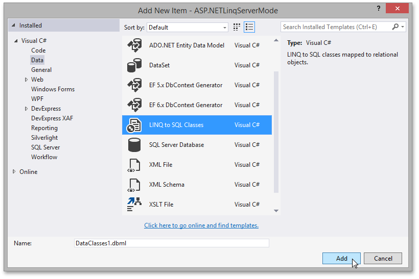 ASP.NET Server Mode - Add LINQ Model