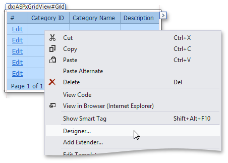 ASPxGridView Designer Context Menu