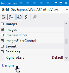 ASPxGridView Designer Properties Window
