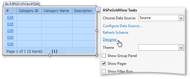 ASPxGridView Designer Smart Tag