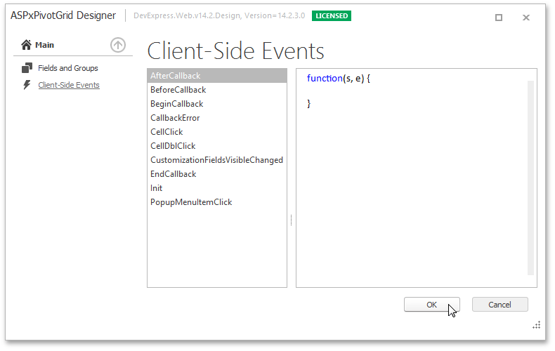 ASPxPivotGrid  Designer - Clent-SideEvents page