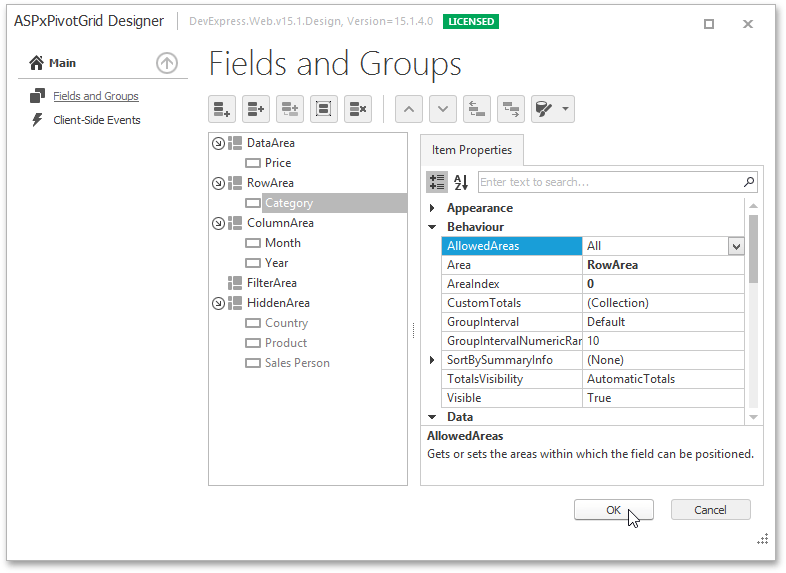 ASPxPivotGrid Designer - Fields and Groups Page