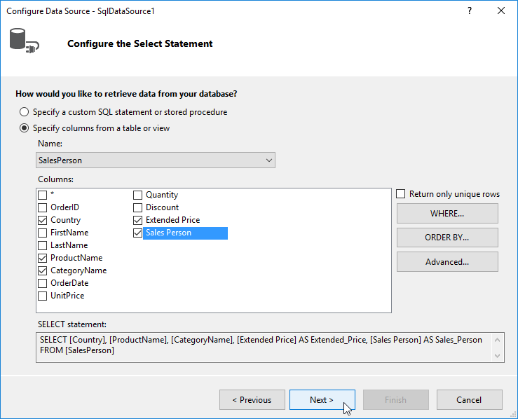 Select data source columns to include them in the query