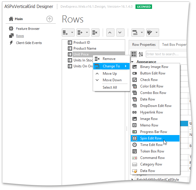 ASPxVerticalGrid-Designer-ChangeRowsType