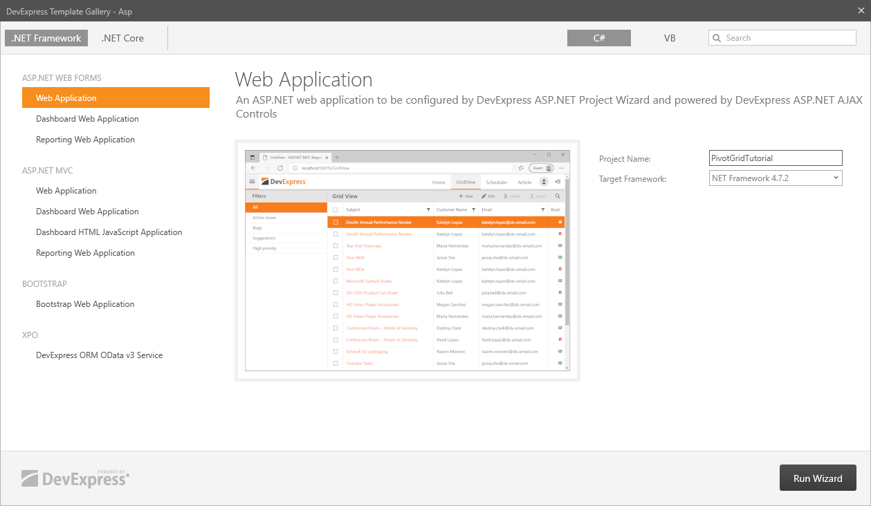 Create a new Web Application in DevExpress Template Gallery