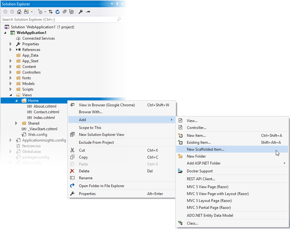 Add New Scaffolded Item on the context menu