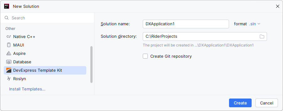 JetBrains Rider - New Solution - DevExpress Template Kit