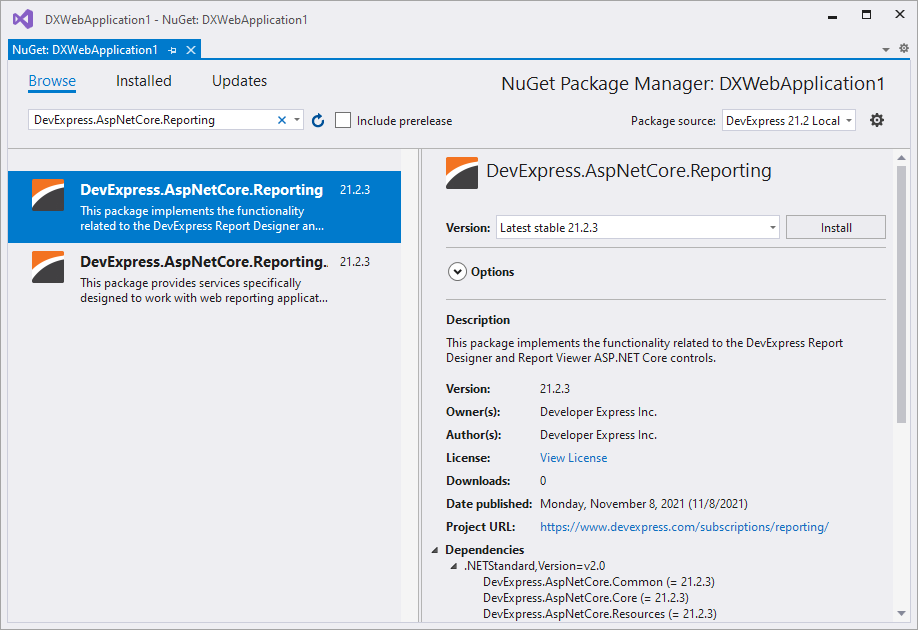 Install DevExpress.AspNetCore.Reporting Package