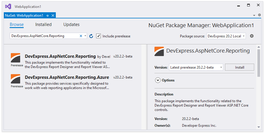 Install DevExpress.AspNetCore.Reporting Package