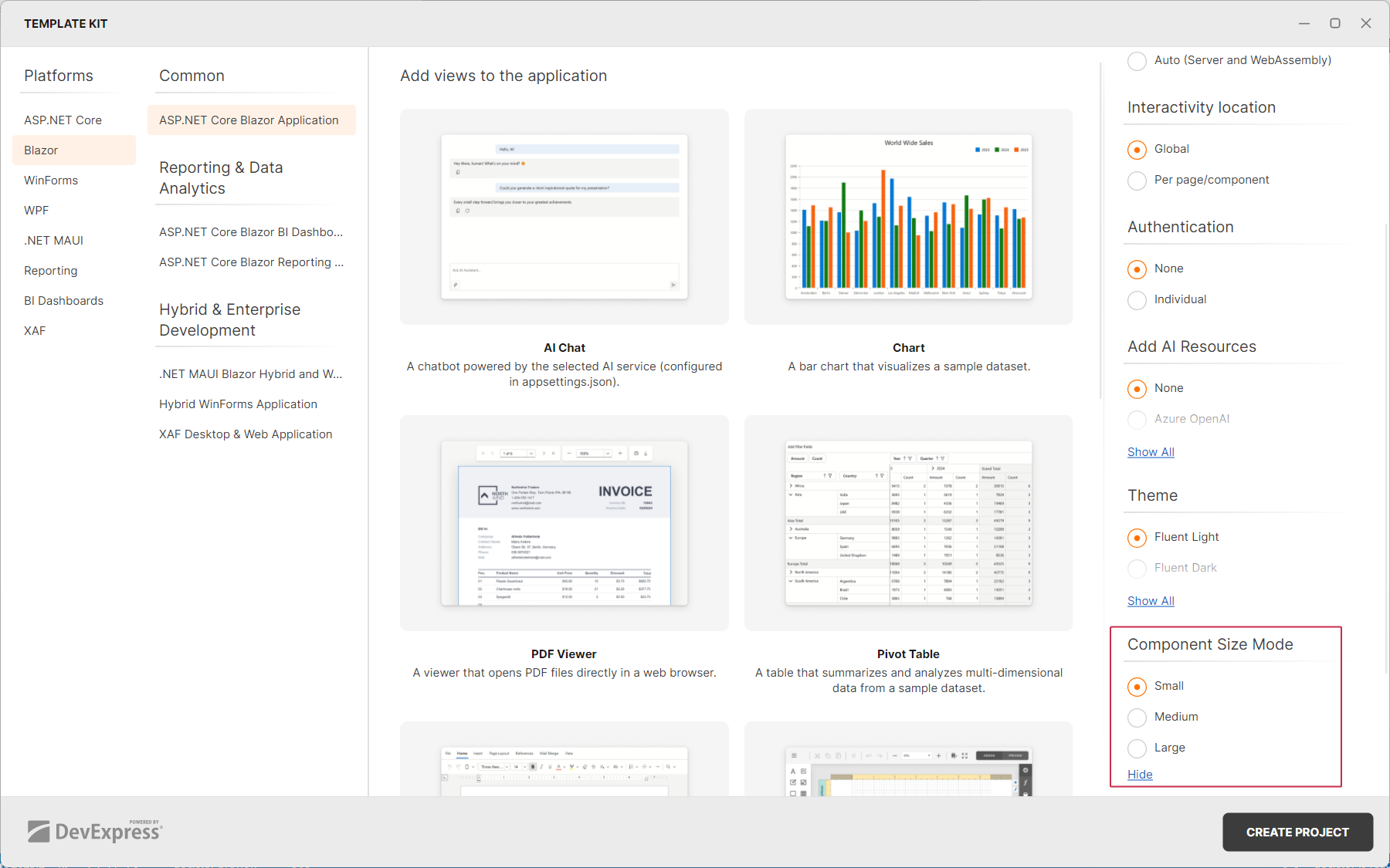 Blazor Template Kit - Size Mode Menu