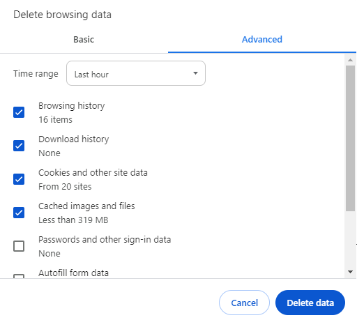 Chrome - delete browsing data