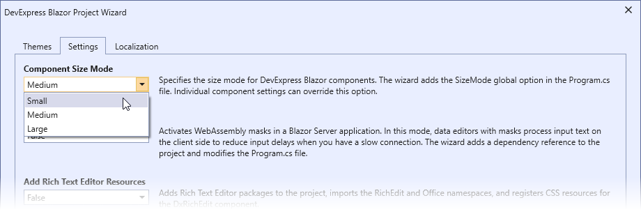 Blazor wizard - Size mode editor