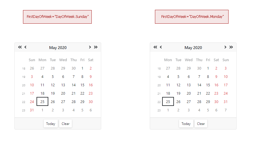 Calendar FirstDayOfWeek