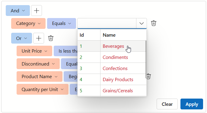 Combo box settings - Column Appearance
