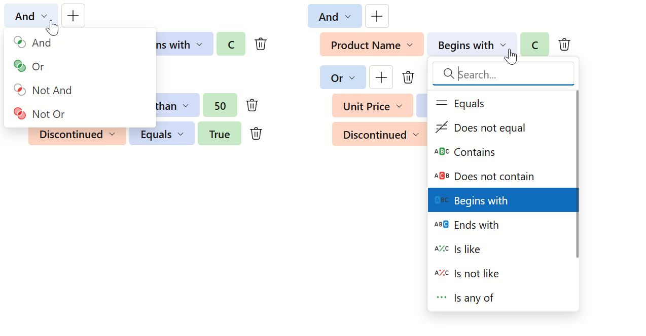 Blazor Filter Builder - Operators
