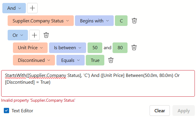 Blazor Filter Builder - Expression Validation in Text Mode