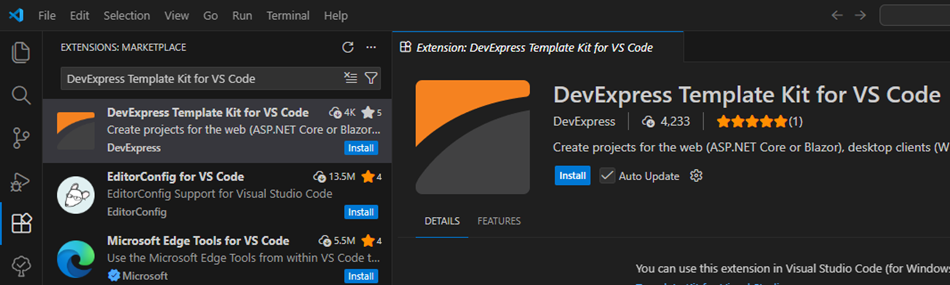DevExpress Template Kit Extension for VS Code