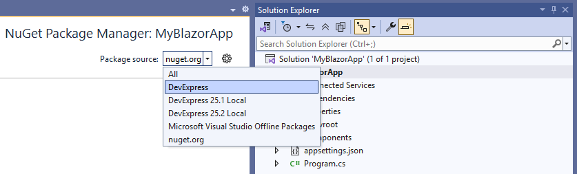 Visual Studio Add DevExpress Blazor NuGet Package