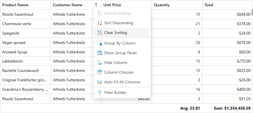 DevExpress Blazor Grid - Context Menus