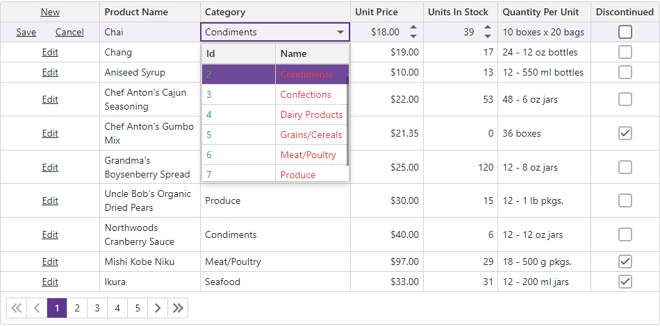 Combo box settings - Column Appearance