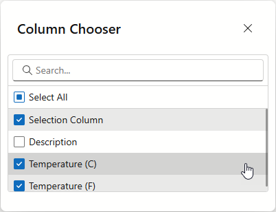 Column Chooser in Blazor Grid with Soritng, Search, and Select All