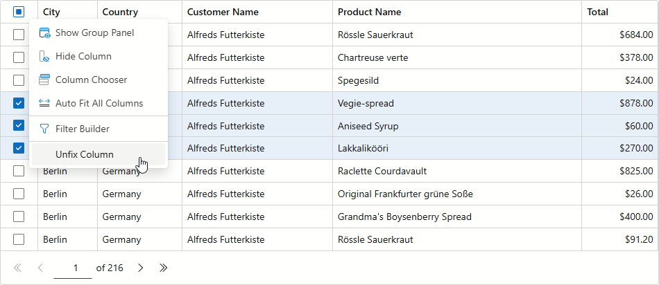 Blazor Grid - Customize Context Menu