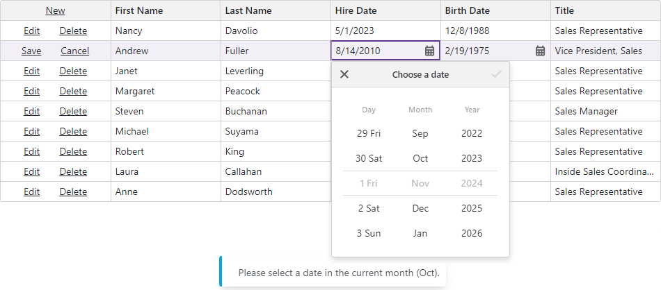 Date Editor Out of Range Dates Notification