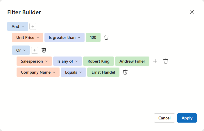 DevExpress Blazor Grid - Built-in Filter Builder Dialog