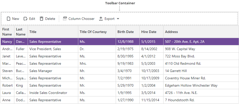 Grid Toolbar Container