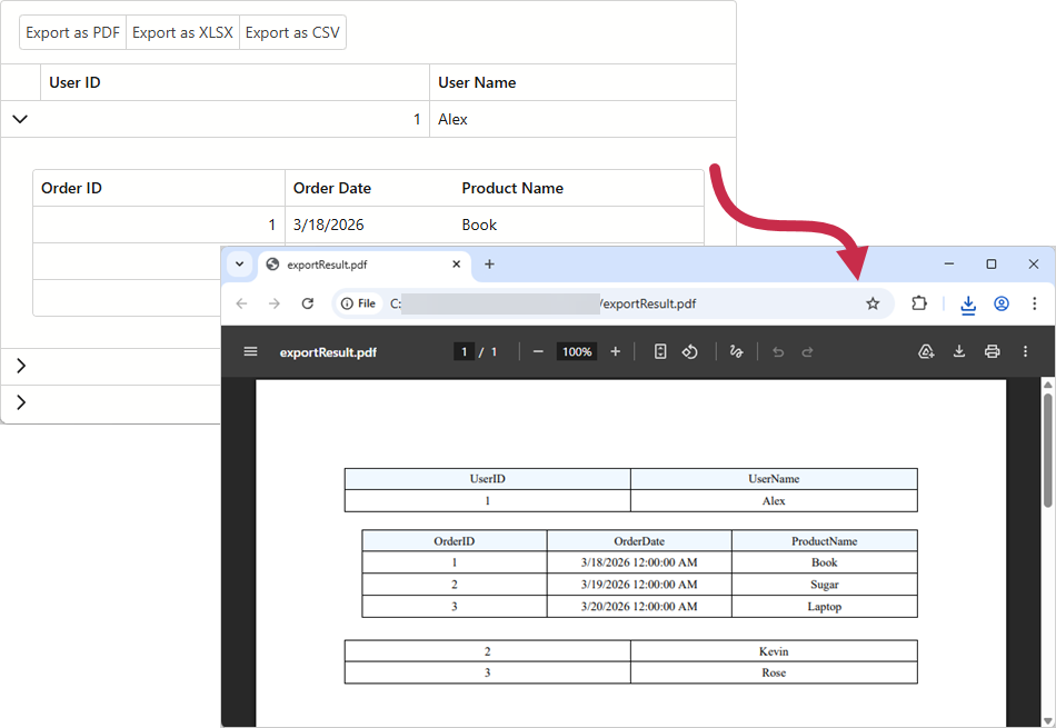 Blazor Grid - Export Master Detail Data