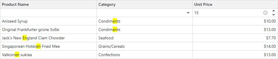 Blazor Grid Filter Row and Search