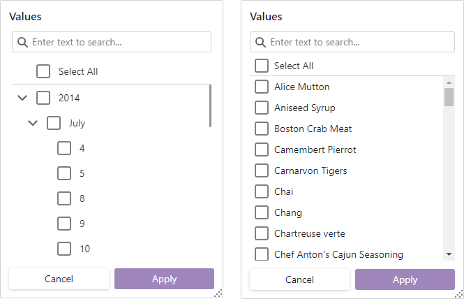 Filter menu values