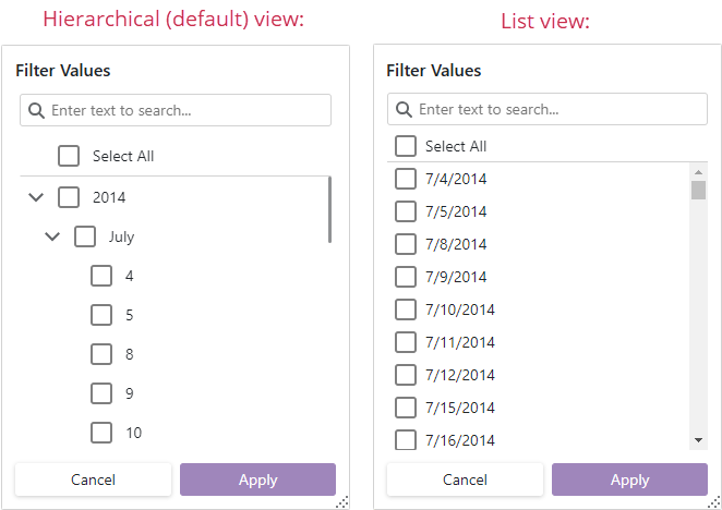 Dates filter menu