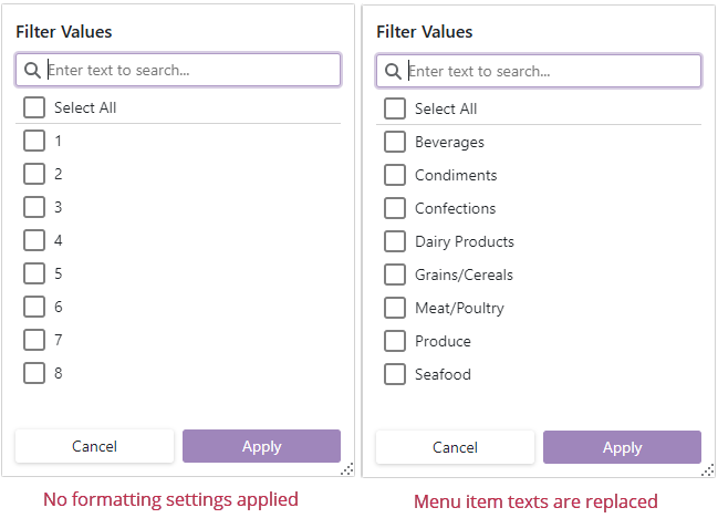 Filter Menu Item Formatting