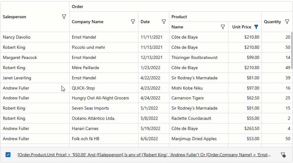DevExpress Blazor Grid - Filter Panel and Filter Builder Dialog