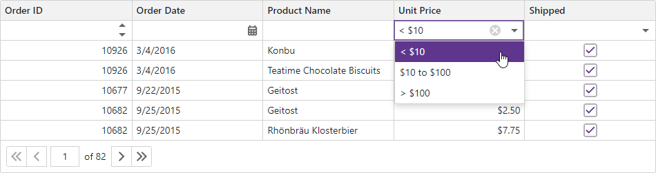 Blazor Grid Filter Row Custom Editors