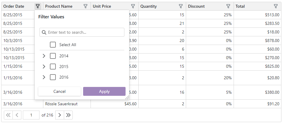 Custom hierarchical filter menu