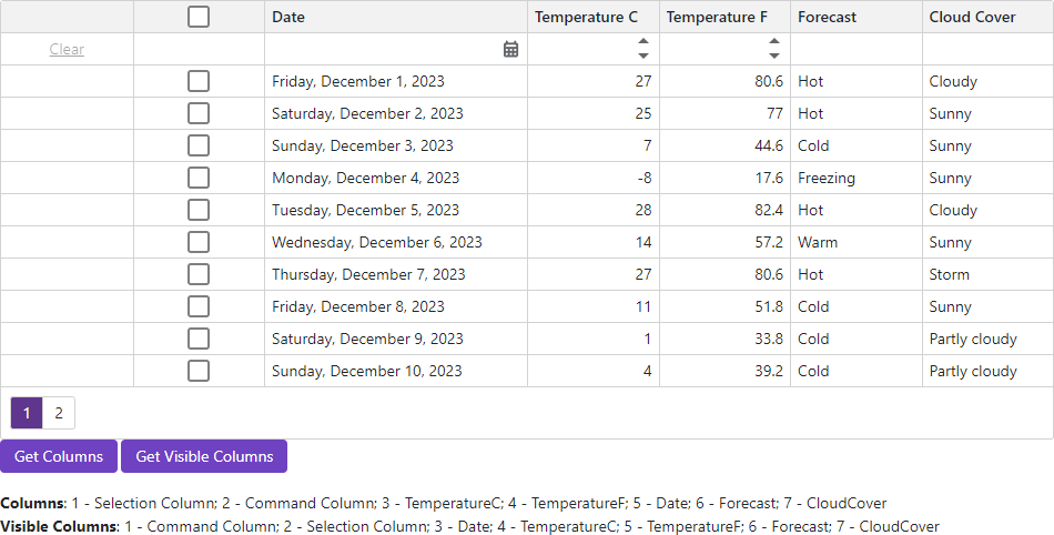 Blazor Grid Get Columns