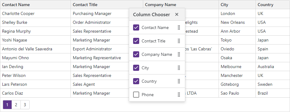 Blazor Grid Column Chooser