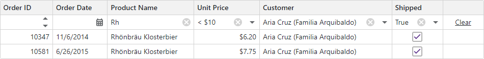 Blazor Grid Filter Row