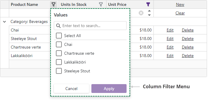 Blazor Grid - Column Filter Menu