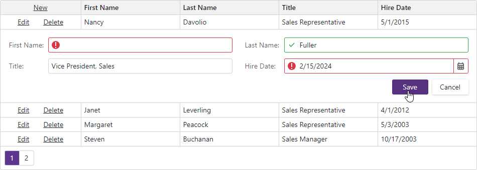 Blazor Grid Validation in Edit Form Editors