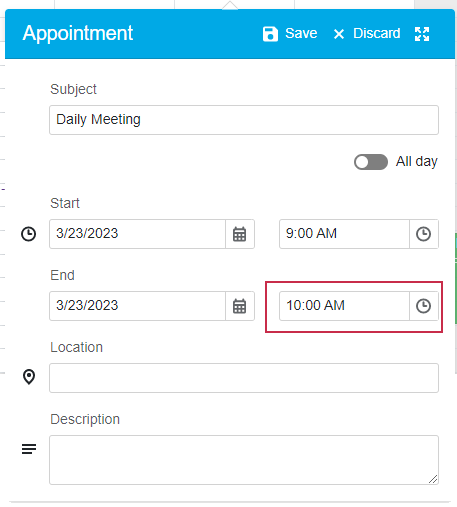 Scheduler Appointment Form End Time