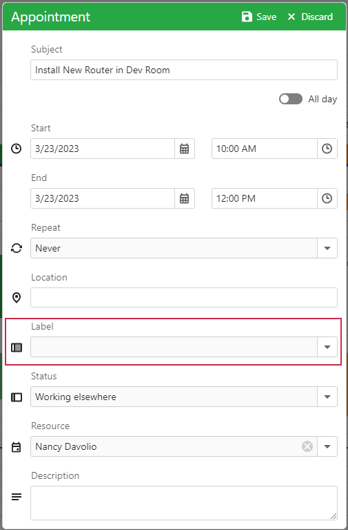 Scheduler Appointment Form Label